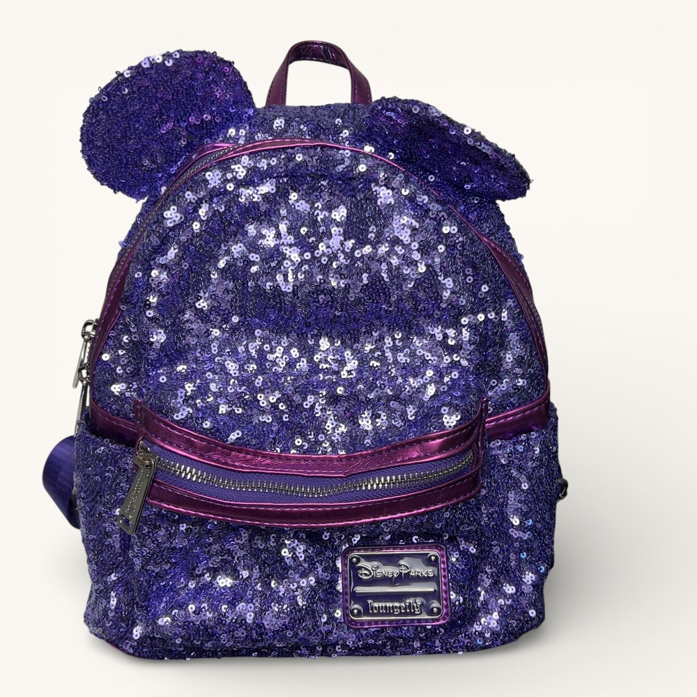 Disney Parks Loungefly Minnie Ears Mini Backpack Purple Sequin
